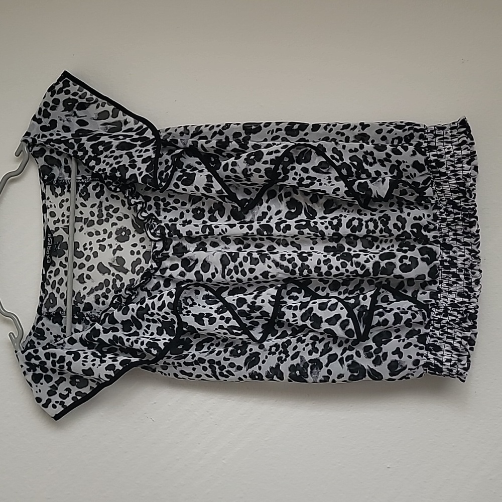 EXPRESS Black White Leopard Amimal Print Sheer Ruffle Top XS